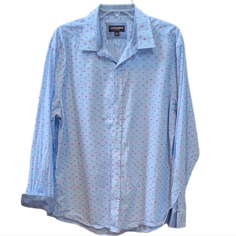 Johnston & Murphy Blue checked Embellished Long Sleeve Button-down Shirt. XL